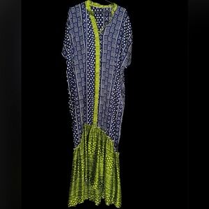 Vintage V NECK urban printed SILK  Maxi Dress Kaftan